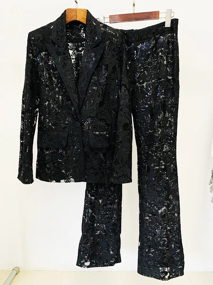 HIGH STREET Newest 2026 Designer Runway Suit Set Women's Single Button Guipure Lace Sequined Blazer Pants Suit
