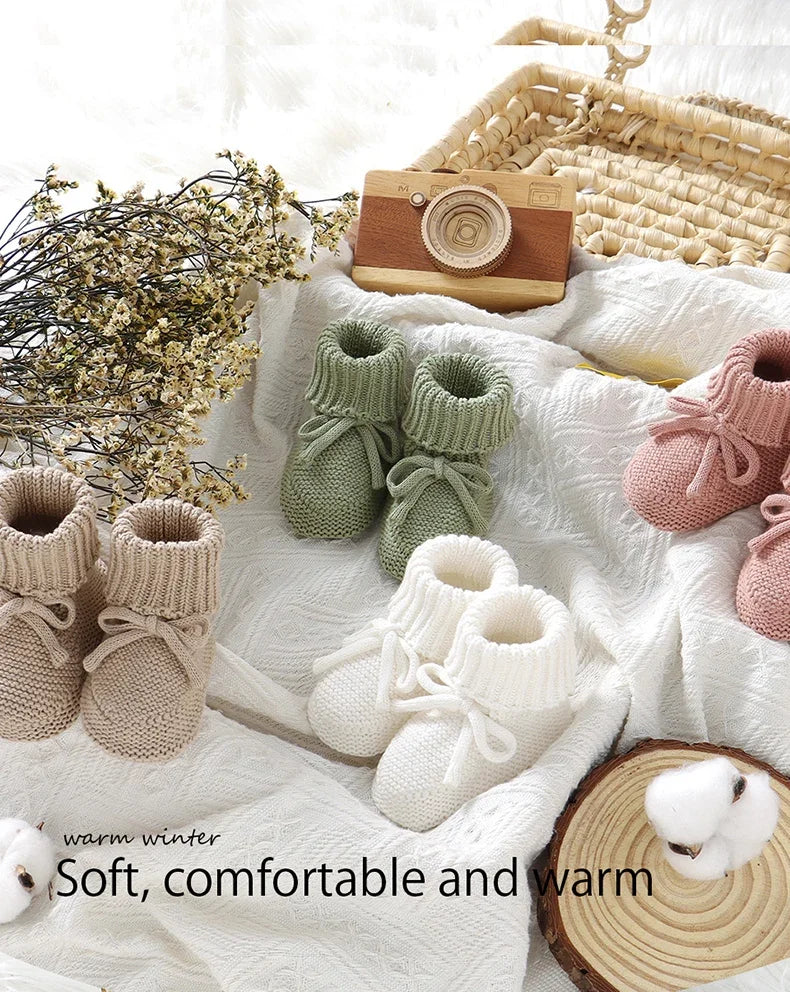 Baby Schuhe Baumwolle Gestrickte Neugeborene Mädchen Jungen Stiefel Mode Einfarbig Warme Kleinkind Kind Slip-On Bettschuhe Handgemacht 0-18M Fußbekleidung