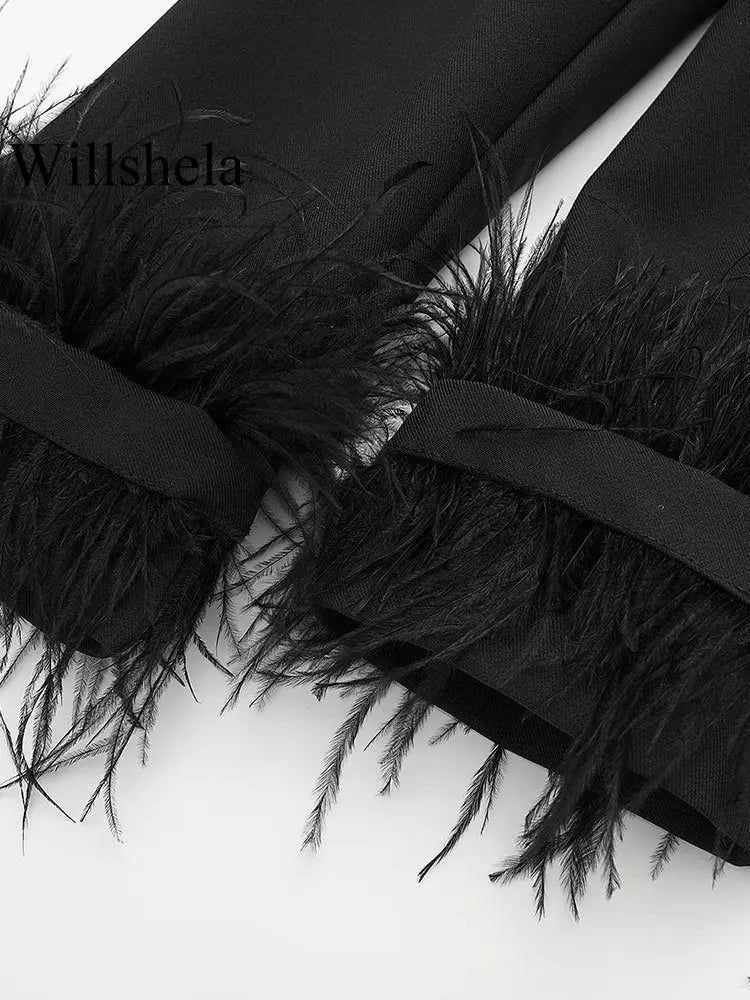 Willshela Damenmode Satin Schwarz mit Feder Blazer Jacke Vintage Kerbausschnitt Einreiher Lange Ärmel Damen Outfits