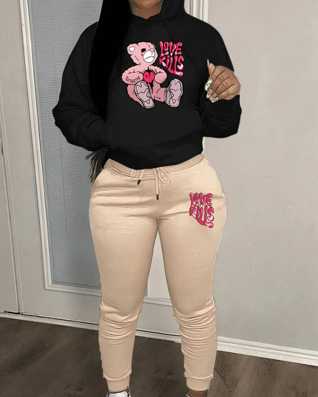 Women's Hoodies Sets Pants Suit 2 Piece Outfits 2025 New Letter Print Bear Aesthetics Sweatshirt and Sweatpants Womens Tracksuit
