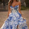 Cathy Customize Strapless Floral Print Tiered Ruffle Prom Dress Side High Split vestidos de noiva Floor-Length Evening Dresses