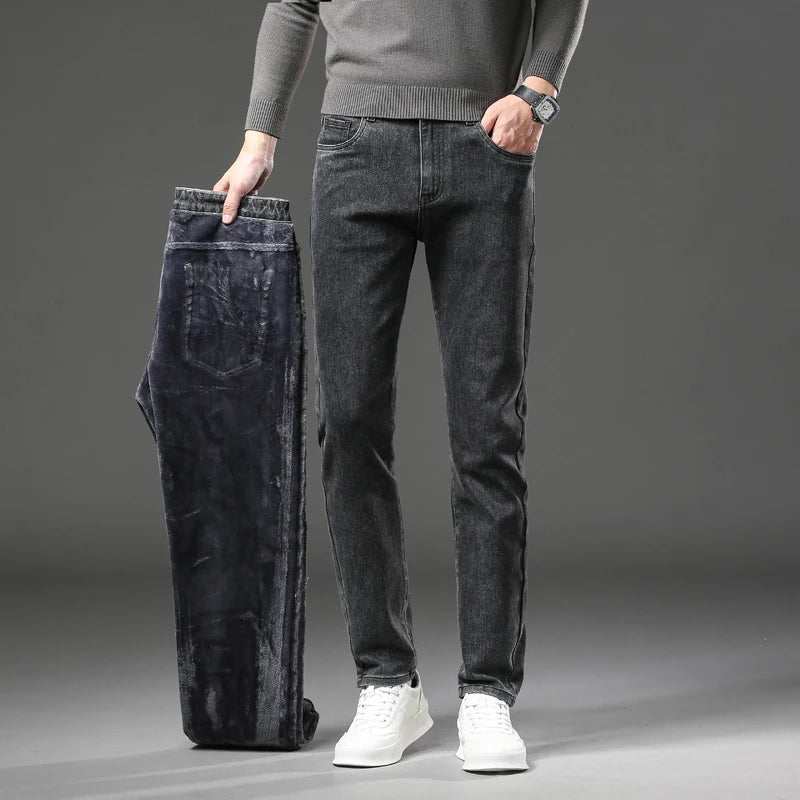 Winter Fleece Dicke Warme Jeans Herren Slim Straight Elastische Denim-Hose Lässige Herrenbekleidung Mode Plüschhose