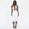Solid color neck tie, knot, exposed back, tight fitting jumpsuit, cropped pants