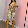 Europe America Summer New High-waisted Loose, Vintage, Ripped Denim Mid-length Straight-leg Wide-leg Pants. Casual Denim Shorts