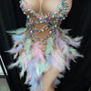 Nightclub Party Celebration Sexy Feather Rhinestone Dress Women Elastic Sleeveless Prom High Slit Dress Stage Performance Outfit