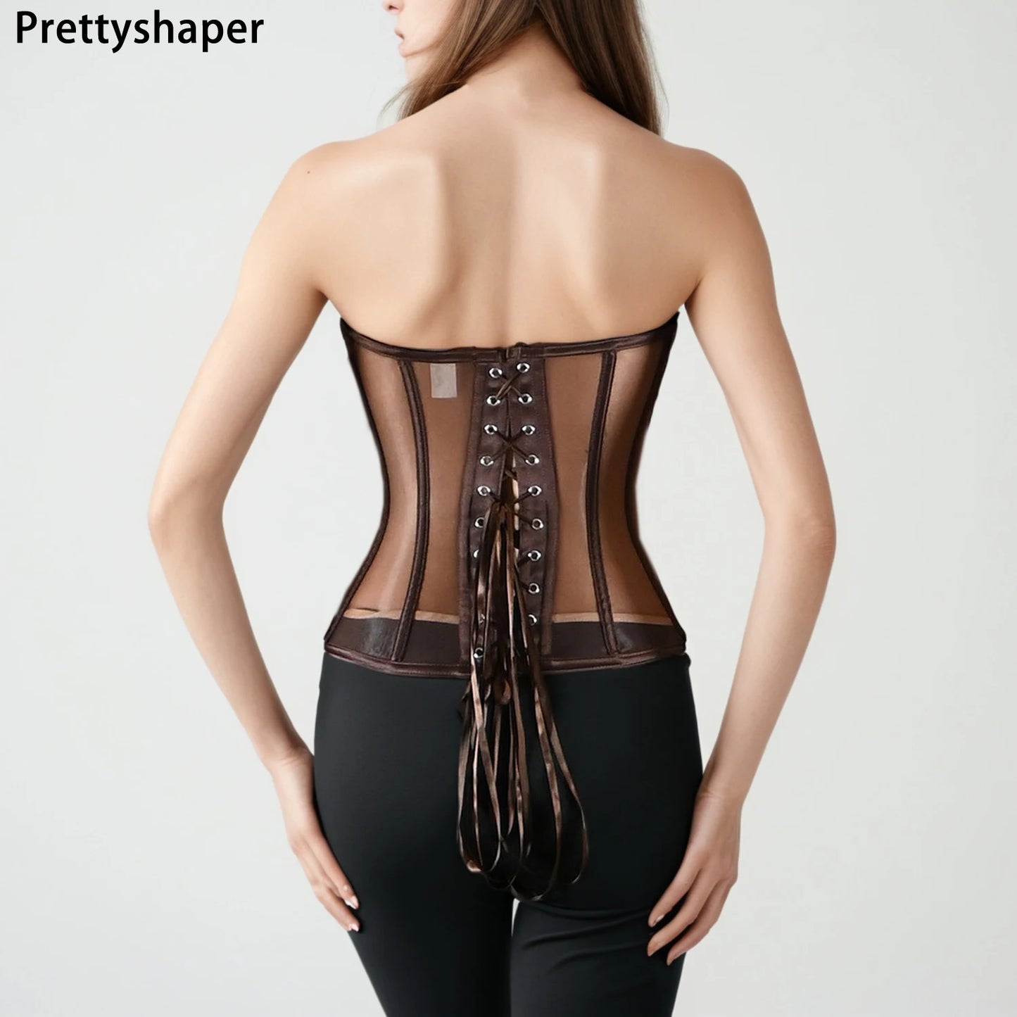 Women Mesh Corset Bustier With Cups Overbust Tight Shaping Tops Strapless Transparent Bodice Slimm Waist Wedding Lace Up Boned