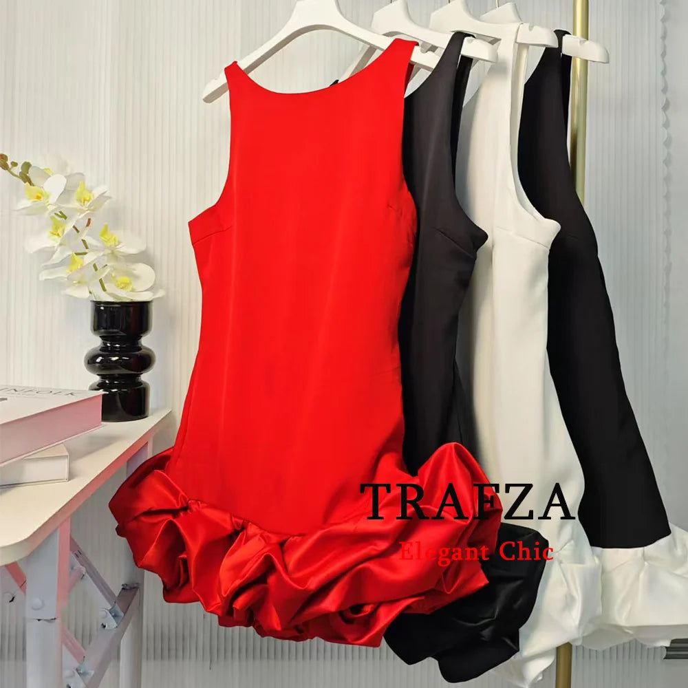 TRAFZA Sexy Solid White Flower Bud Tierred Red Mini Dress Safety Pants Women Dress New 2025 Spring Autumn Fashion Party Dress