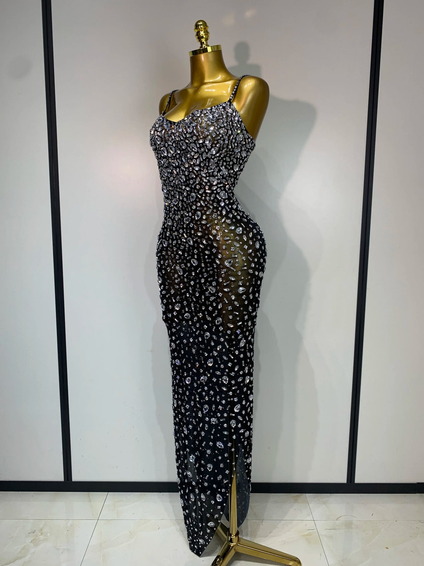 Luxury Rhinestones Sexy Mesh See Through Bodycon Dress Women Birthday Evening Cocktail party Gown Red Carpet Club Stage Outfit