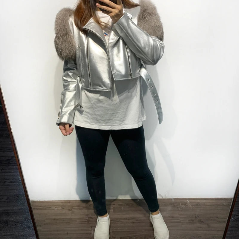 GO BALLISTIC YA Ladies' Genuine Leather Jacket with Fur Sleeve Women's Natural Lambskin Outfit