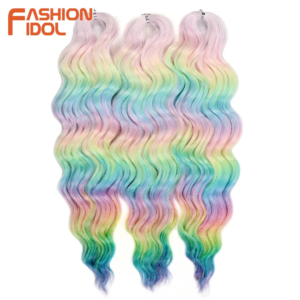 FASHION IDOL 24-Zoll Häkelhaar Synthetische Wasserwelle Flechthaarverlängerungen Ombré Regenbogenfarbe Kunsthaar Deep Wave Lockenhaar