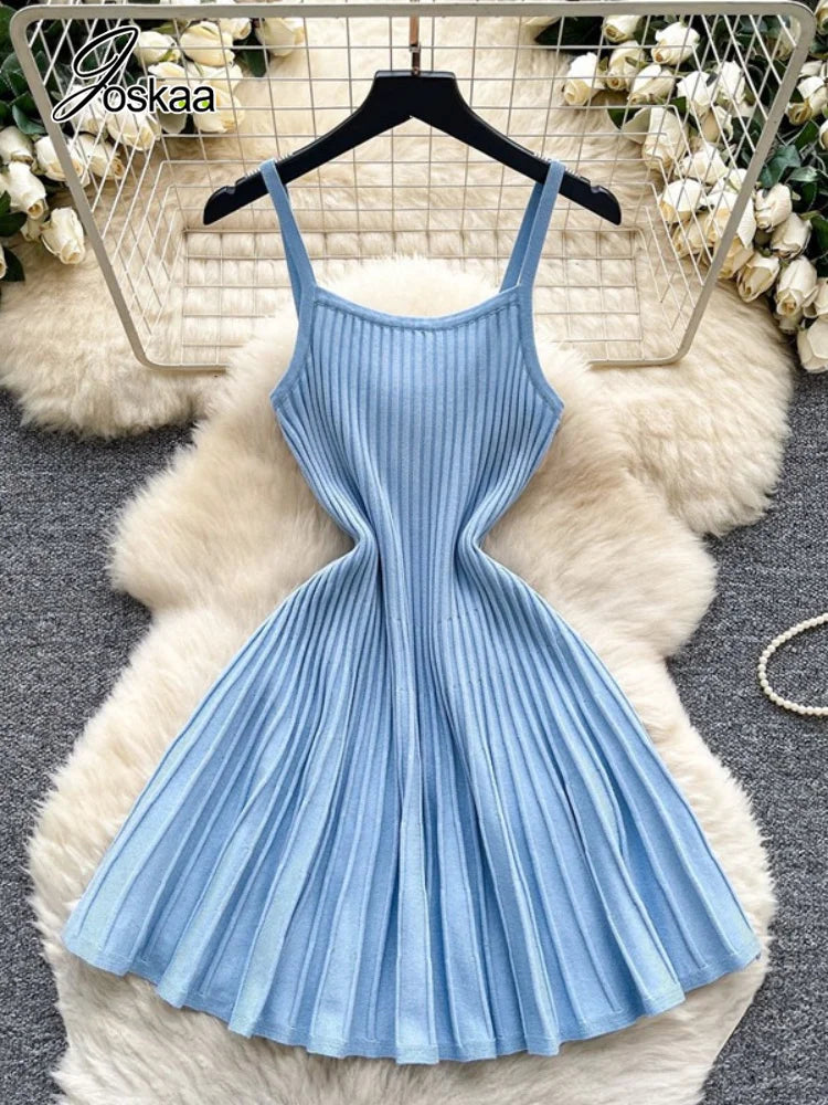 Joskaa 2026 Autumn Retro Striped Knit Dress Women Elegant Pleated Waist Slim Low Cut Sleeveless A-line Slip Dress Streetwear