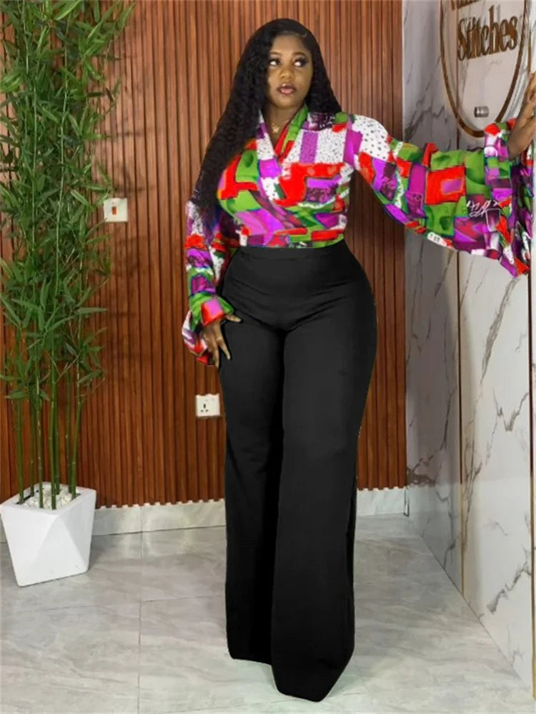 Wmstar Plus Size Two Piece Sets Wholesale Long Sleeve Print Top and Wide Leg Pants Matching Suit Fall Clothing Dropshopping