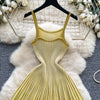 Joskaa 2026 Autumn Retro Striped Knit Dress Women Elegant Pleated Waist Slim Low Cut Sleeveless A-line Slip Dress Streetwear