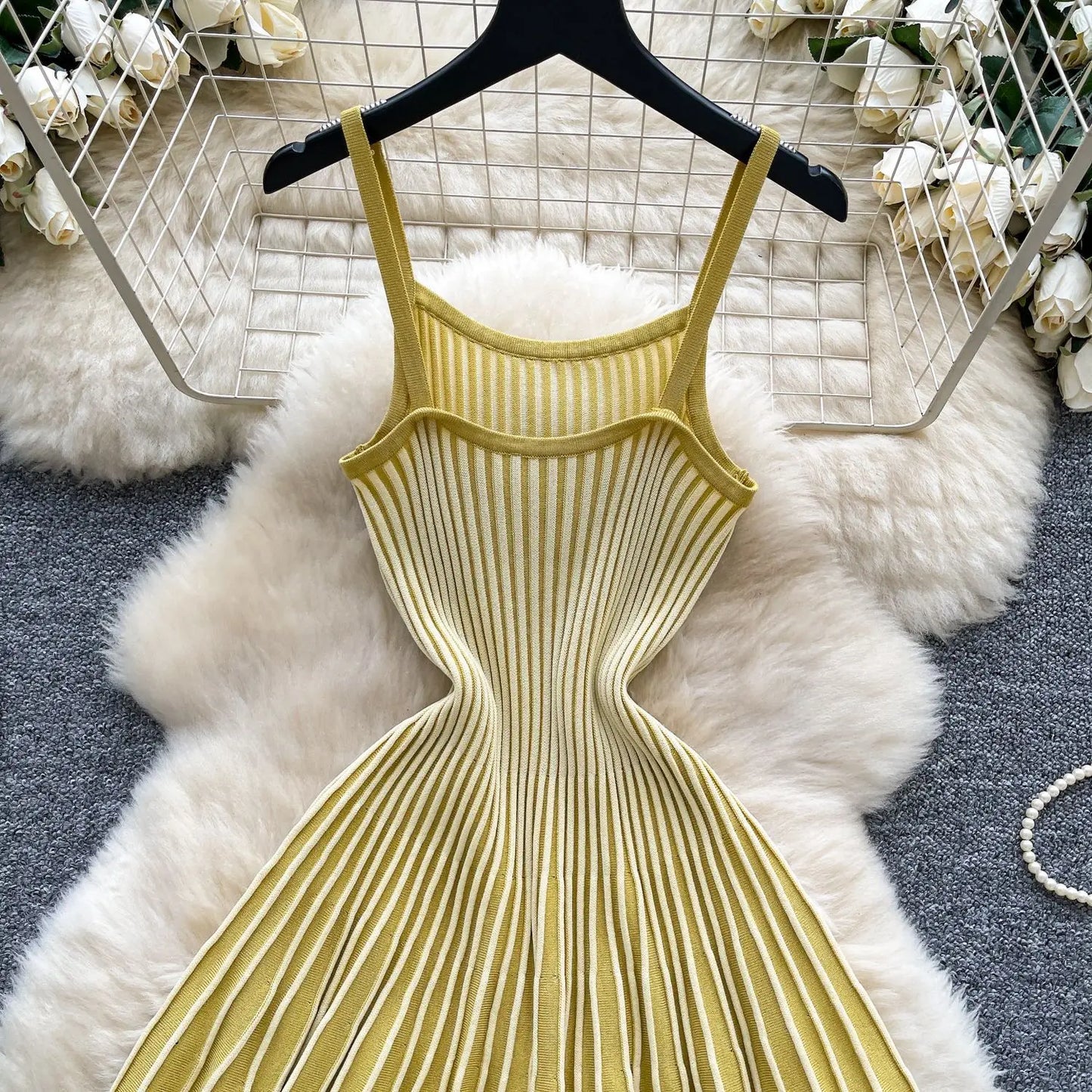 Joskaa 2026 Autumn Retro Striped Knit Dress Women Elegant Pleated Waist Slim Low Cut Sleeveless A-line Slip Dress Streetwear