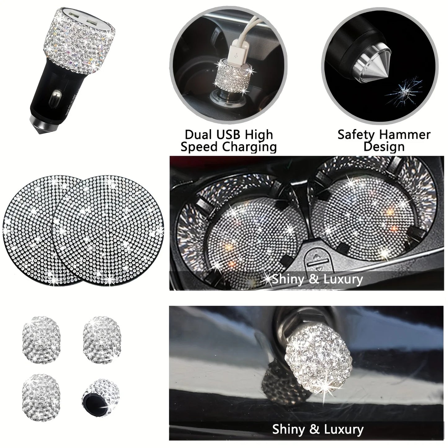 Autozubehör-Set 27/4-teilig Damen Bling Universal Passform Lenkradbezug Polyester Glitzernd Kennzeichenhalter Handyhalter Untersetzer Werkzeuge