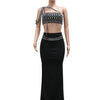 Luxury Celebrities Evening Club Outfit for Women Sexy Black Single Shoulder Diamonds Long Skirts and Crop Tops Two 2 Pieces Suit