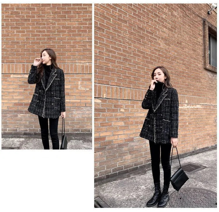 Tweed-Karo Anzugjacke Damen Oberbekleidung Lockerer Mittellanger Zweireihiger Freizeit-Wollblazer Top 2024 Frühling Herbst Neuer Schicker Anzug