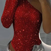 2025 Spice Girls Sexy Pailletten-Top, One-Shoulder, eng anliegend, mit Strasssteinen, einfarbig, Silber, einteilig, Mode, Party, Nachtclub, Sommer-Top
