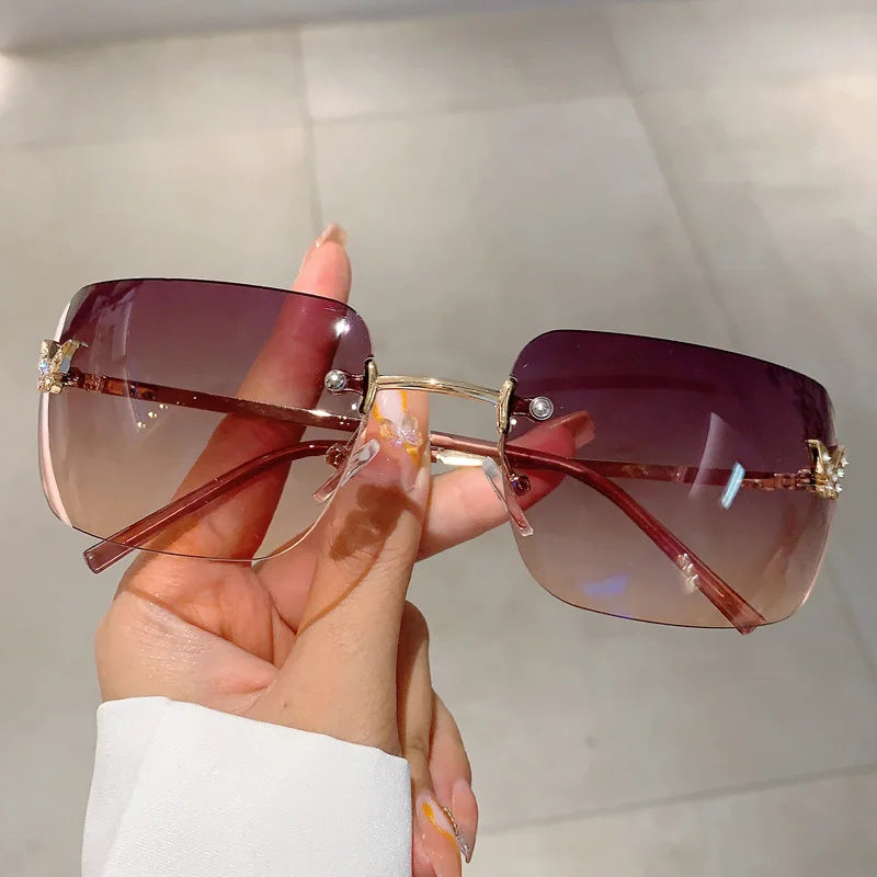 Y2K Luxusmarken Designer Randlose Quadratische Sonnenbrille Damen Für Weibliche Trendige Sonnenbrille Diamant Schmetterling Rosa Punk Shades UV400