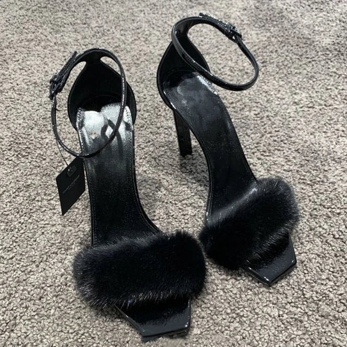 2025 Frühling Neu Nerzhaar High Heels Ein-Wort-Sandalen Eckige Zehen Stiletto Damenschuhe