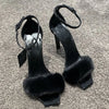 2025 Early Spring New Mink Hair High Heels One-word Sandals Square Head Stiletto Women's Shoes
