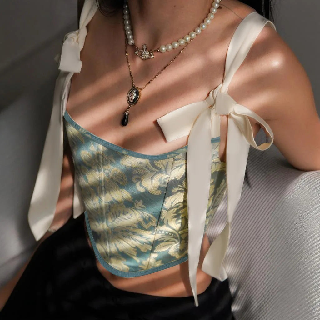 Europäische und amerikanische Mode Hosenträger Stickerei Druck Schleife Taille Weste weibliche ins Nische Spice Girl Wind Joker Slim Top
