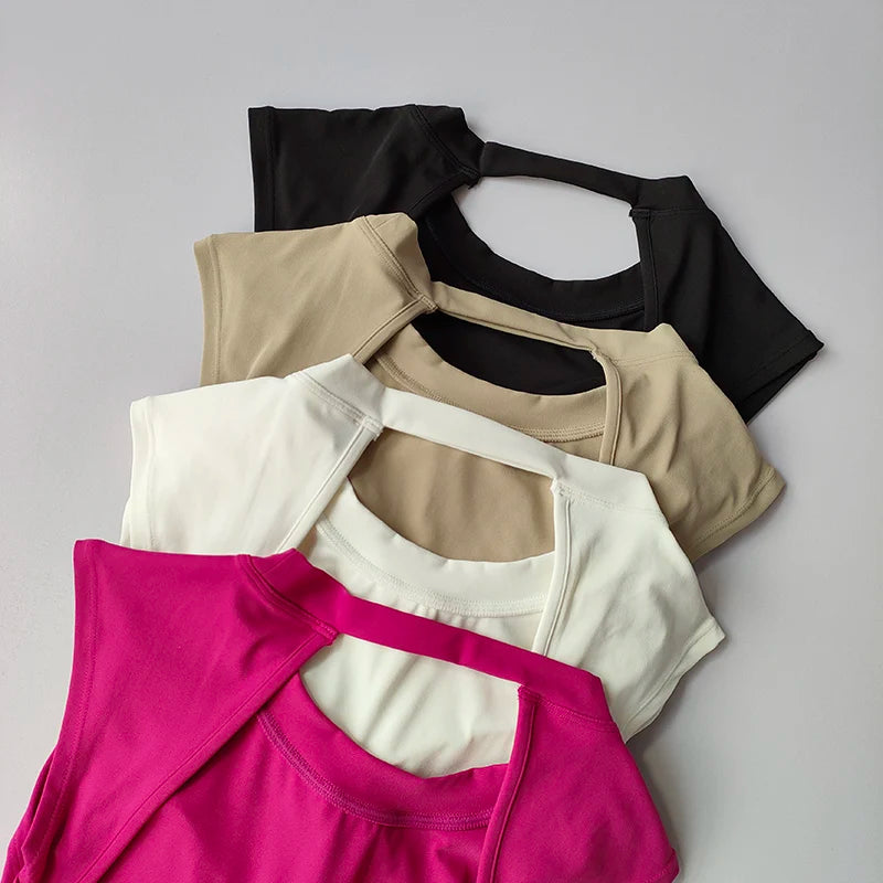 Sexy Kurzes Rückenfreies Sport-T-Shirt mit festem Brustpolster Damen Eng Anliegendes Schnell Trocknendes Schlankmachendes Yoga-Top