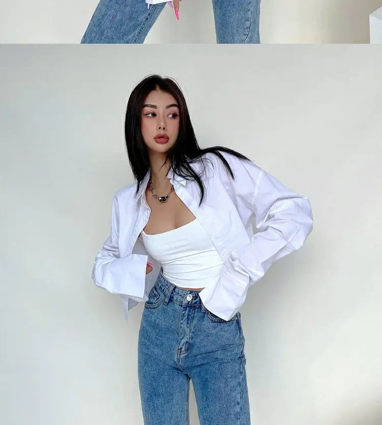 Zadily 2025 Summer Korean Style Long Sleeve White Shirt Women Sexy Button Ladies Crop Tops Blouse Street New In Female Clothing