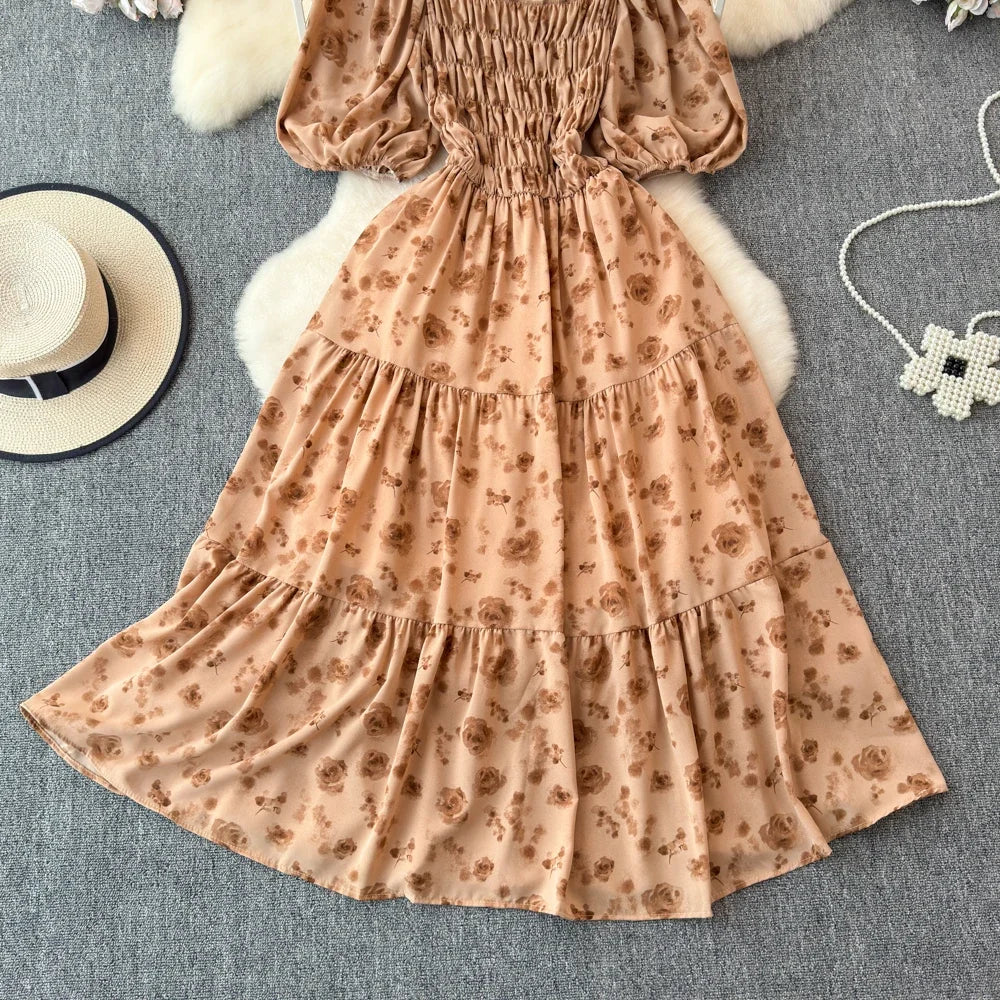2024 Neues Sommer Blumenmuster Maxikleid Damen Vintage Eckiger Ausschnitt Geraffte Brust Schärpe Bandage Sommerkleid Partykleid