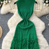 Joskaa 2025 Summer Women Elegant Round Neck Sleeveless Tassels Hem Bodycon Mini Knitted Dress Holiday Beach Party Clubwear