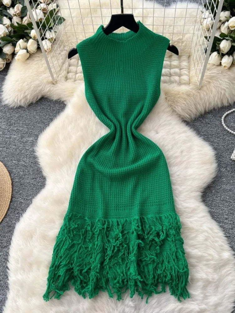Joskaa 2025 Summer Women Elegant Round Neck Sleeveless Tassels Hem Bodycon Mini Knitted Dress Holiday Beach Party Clubwear