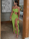 Hugcitar Fashion 2 Pcs Sets Strapless Tie Flower Draped Sexy Crop Tank Top Slit Tassel Maxi Skirt Women Outfit Festival Party
