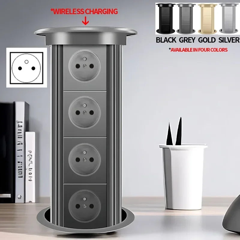 Motorized Lifting Pop Up Tower Power Outlet Hidden Mounted Kitchen Worktop USB Type C Socket with Speaker Wireless Charging