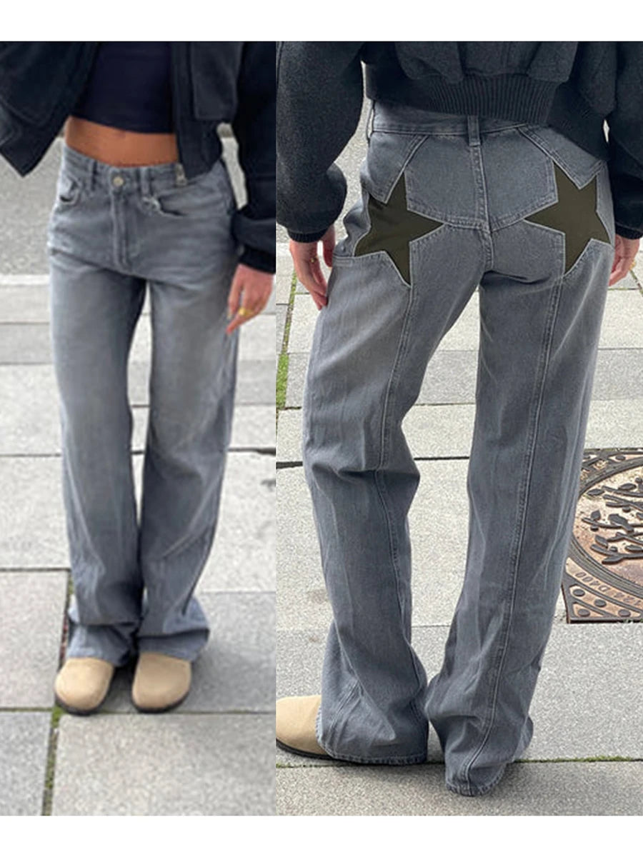 Combhasaki Damen Y2K Vintage Jeans Ästhetischer Sternmuster-Print Loose Straight Leg Denim Lange Hose Lässige Low Waist Hose