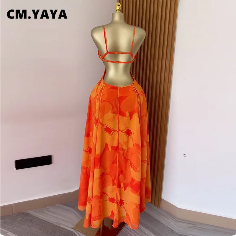 CM.YAYA Damen Blumenmuster Trägerloser Rückenfreier BH Vorne Großes Swing Maxi Langes Kleid 2025 Vintage Sexy Club Party Abendkleider