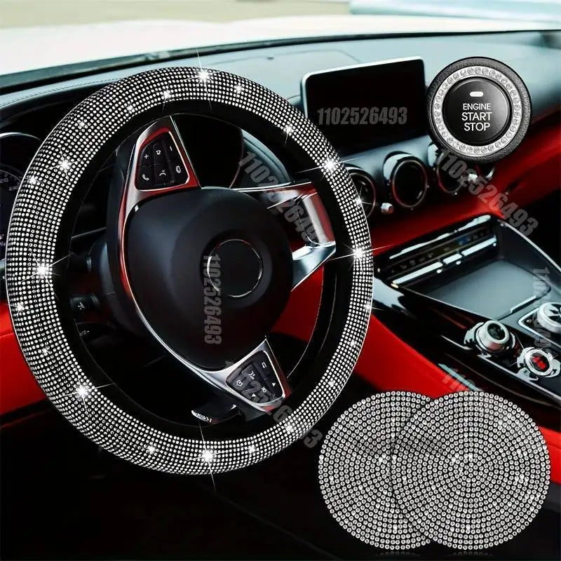 27PCS/Set Women Bling Universal Fit Polyester Steering Cover Shiny License Frame Phone Holder Coasters Tools Car Accessorie