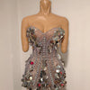 Sparkly Gold Rhinestone Sequins Sexy Strapless Mesh See Through Mini Dress Women Eveing Birthday Party Nightclub Stage Costume