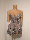 Sparkly Gold Rhinestone Sequins Sexy Strapless Mesh See Through Mini Dress Women Eveing Birthday Party Nightclub Stage Costume