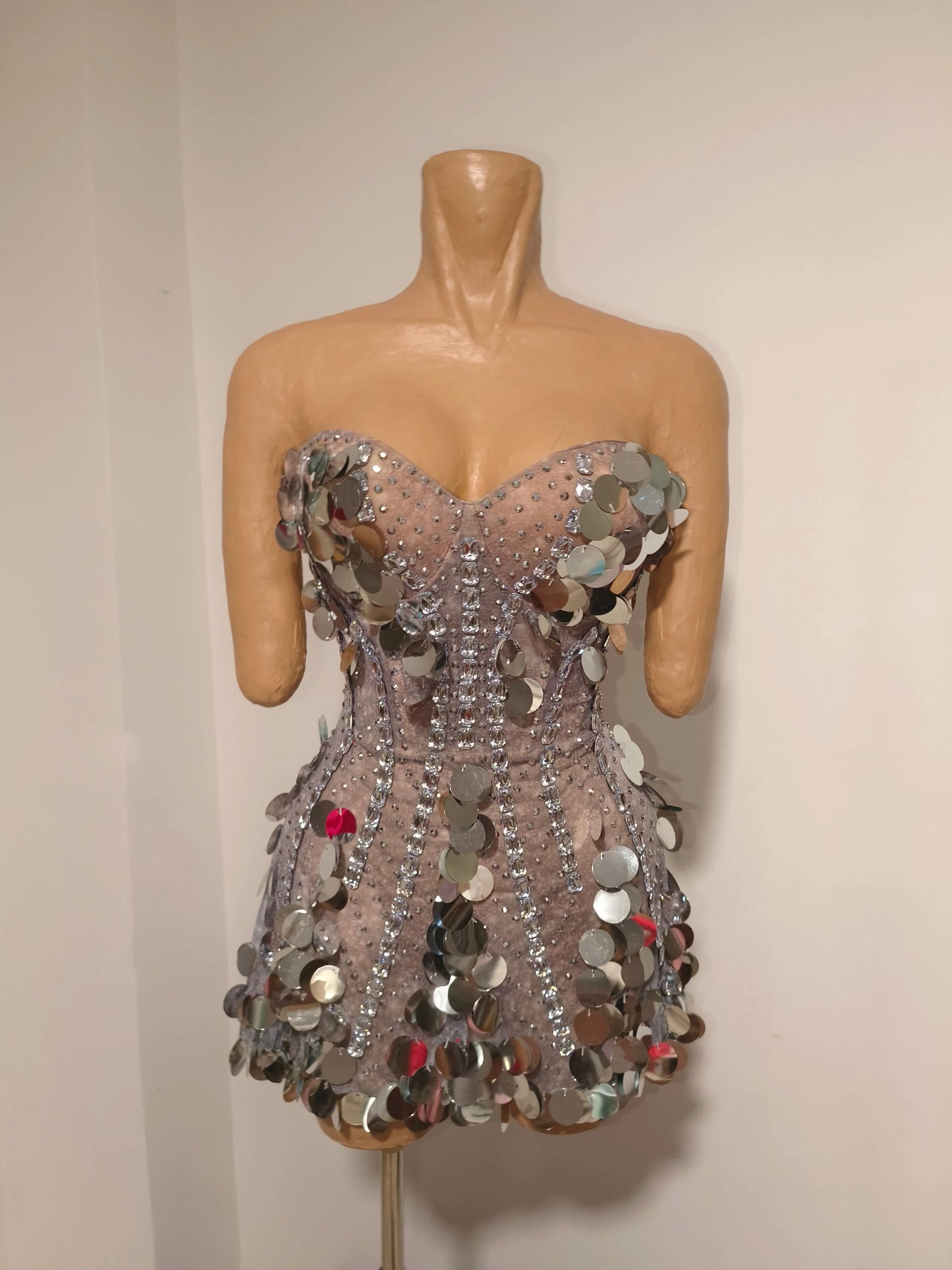 Sparkly Gold Rhinestone Sequins Sexy Strapless Mesh See Through Mini Dress Women Eveing Birthday Party Nightclub Stage Costume