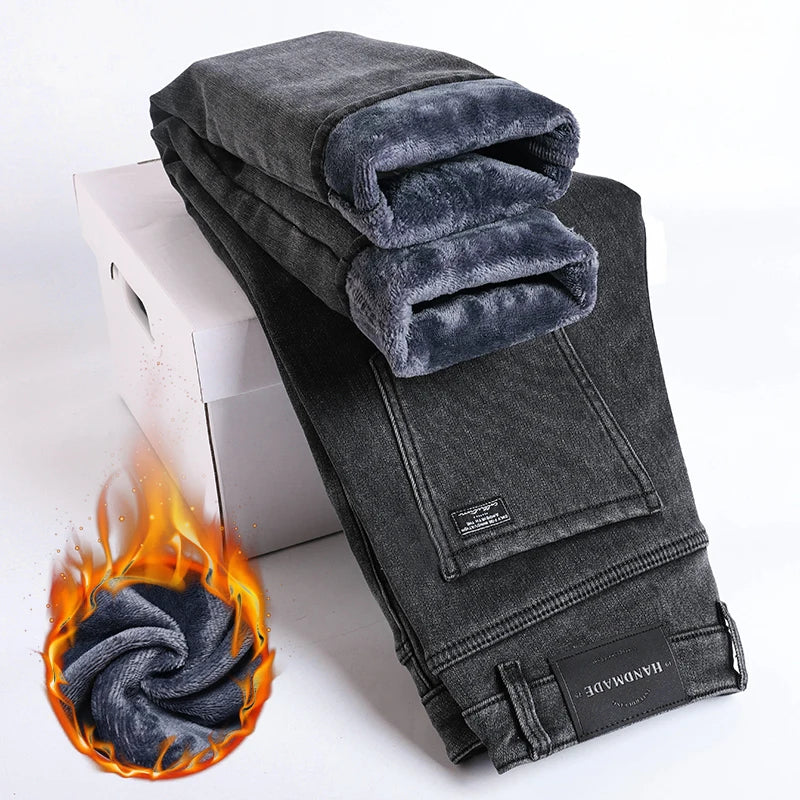 Winter Fleece Dicke Warme Jeans Herren Slim Straight Elastische Denim-Hose Lässige Herrenbekleidung Mode Plüschhose