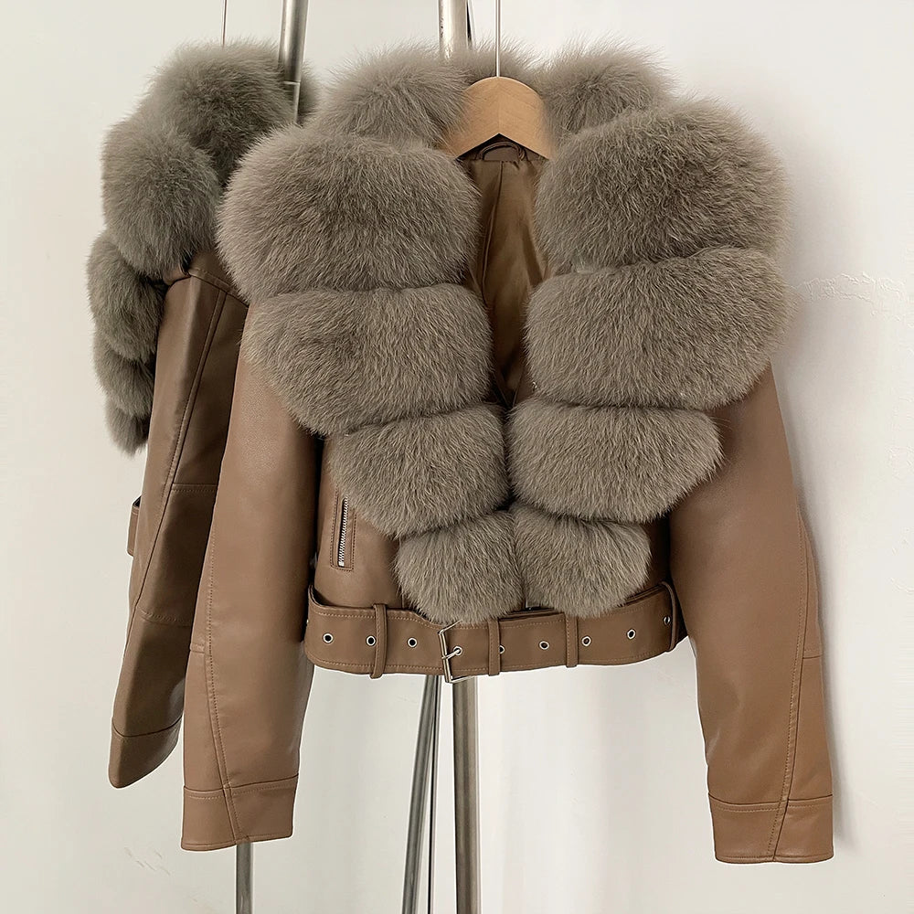 OFTBUY Natural Fox Fur Faux Leather Jacket Female New Autumn Short Top Clothing Women Long Sleeve Fake Leather Real Fur Coat