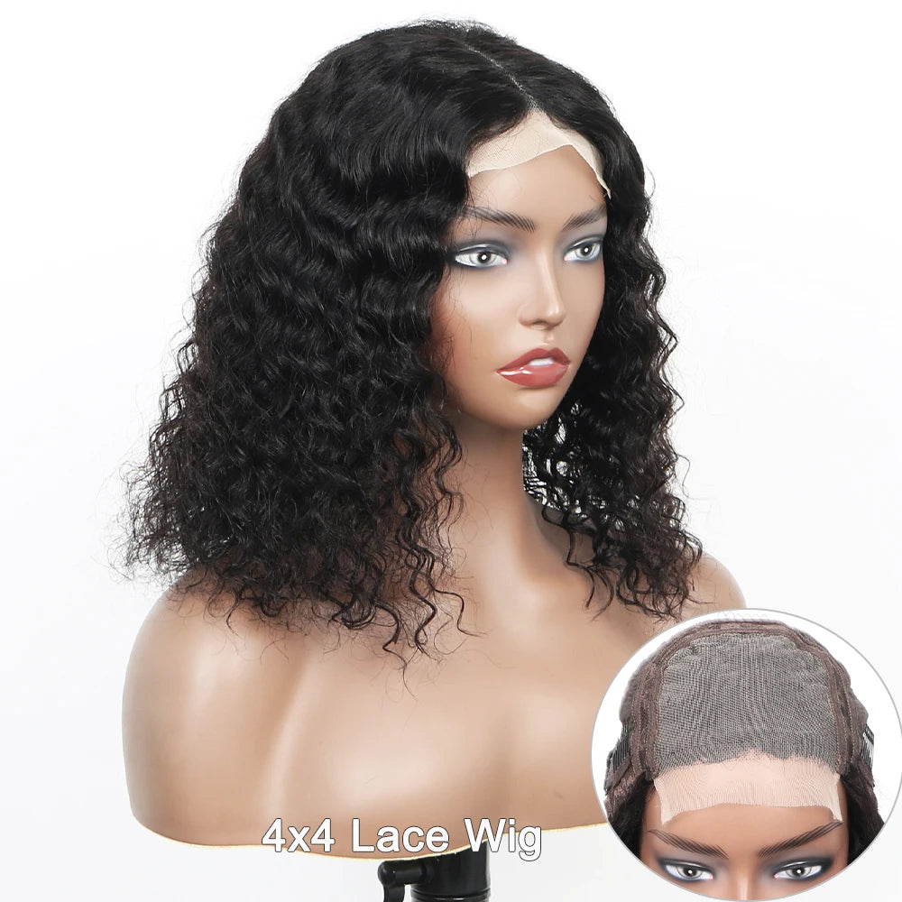 Deep Curly Short Bob Wig Human Hair 180 Density 13x4 Lace Front Wigs for Women Pre Plucked Deep Wave T Lace Wigs Natural Black
