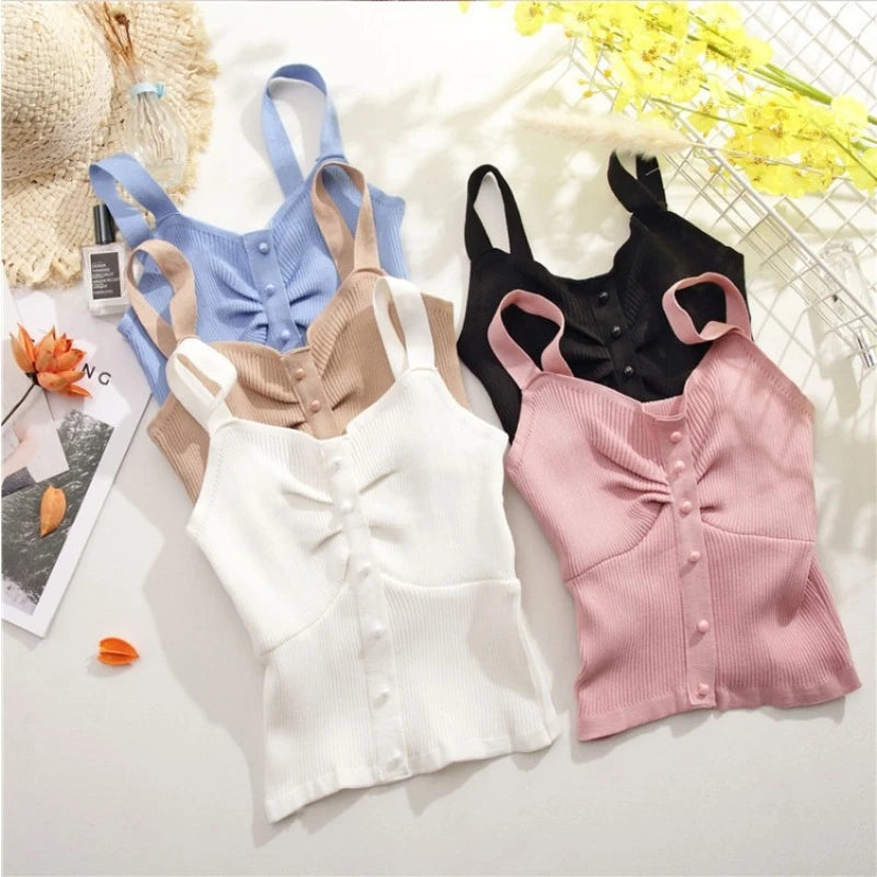 New Style Summer Crop Top Women Seamless Sexy V-Neck Wide Straps Tank Top Knitted Button Camisole Solid Corset Top Female Vest