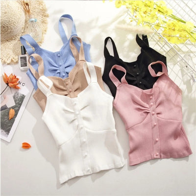 New Style Summer Crop Top Women Seamless Sexy V-Neck Wide Straps Tank Top Knitted Button Camisole Solid Corset Top Female Vest