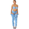 Jeans-Sets für Damen 2024 Sexy Streetwear Zweiteilige Outfits Brustwickel Ärmelloses, rückenfreies Top Ausgeschnittene Jeans