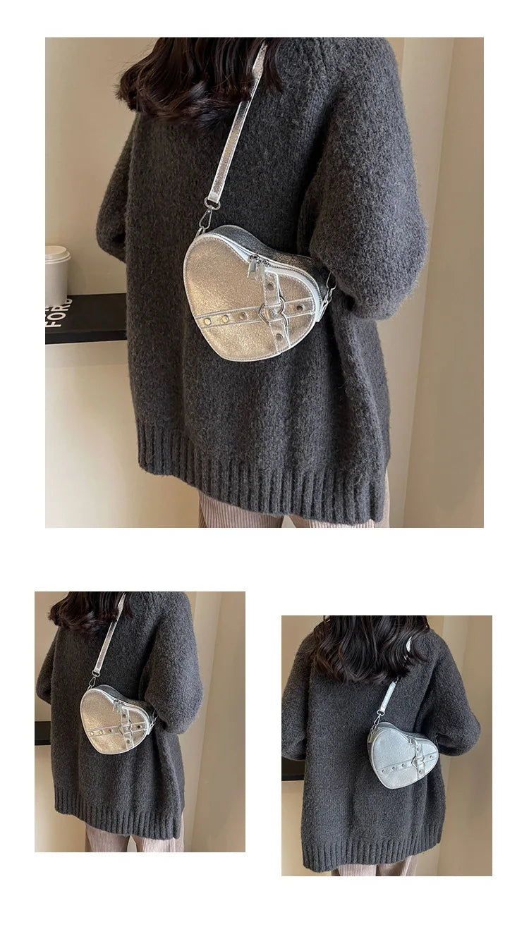 Vintage Y2K Kleine Kettennieten-Umhängetasche Herzförmige Geldbörse Handtasche Rotes PU-Leder Gothic Tote Bag Mode Frauen Umhängetasche