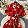 2024 Summer Women Floral Pleated Dress Vintage Turn-Down Collar Short Sleeve Single Breasted Printed Draped Midi Vestidos New