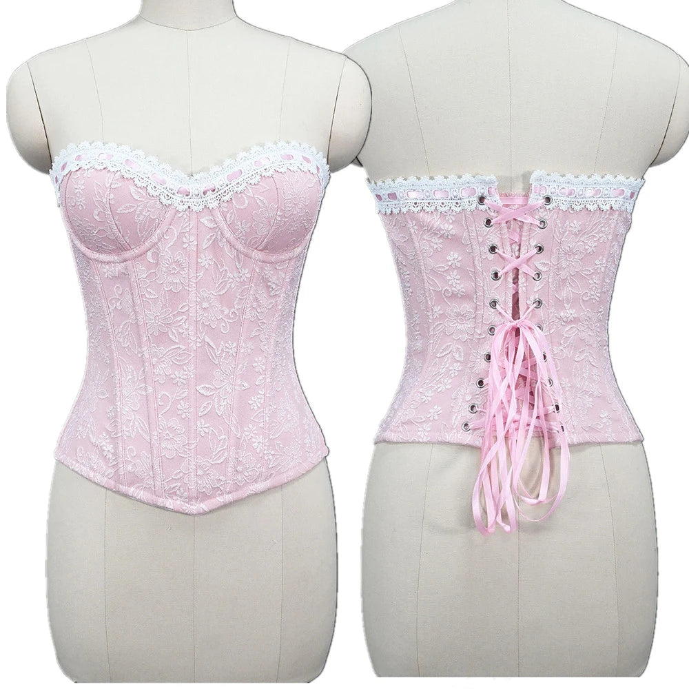 Sexy Women Pink Overbust Corset Crop Top Sweet Lace Patchwork Slim Fit Strapless Bustier Chic Party Summer Clothes Streetwear