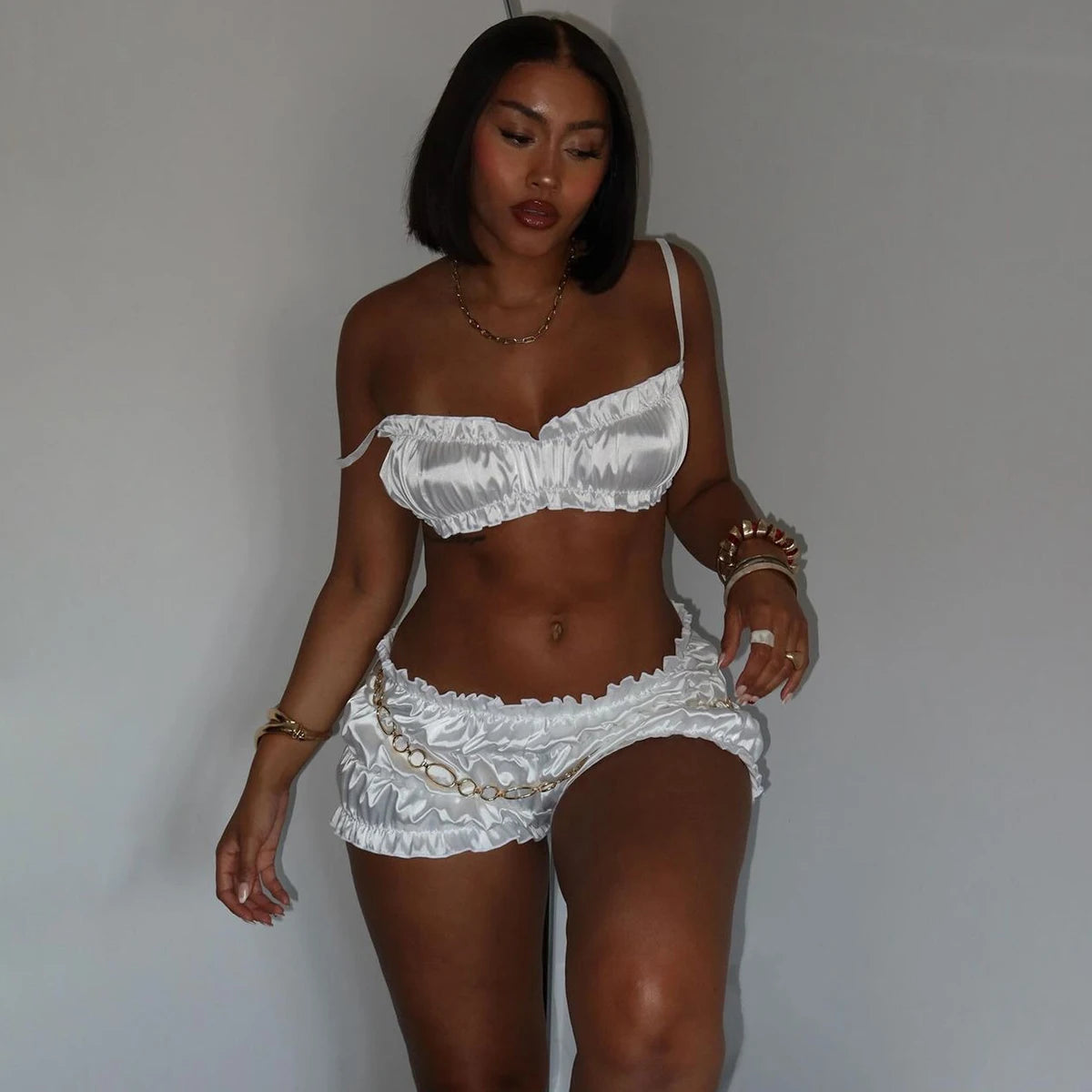 Dulzura Women'S 2 Piece Pleats Shorts Set Sleeveless Strappy Crop Tops And Sexy Shorts Matching Set Party Club