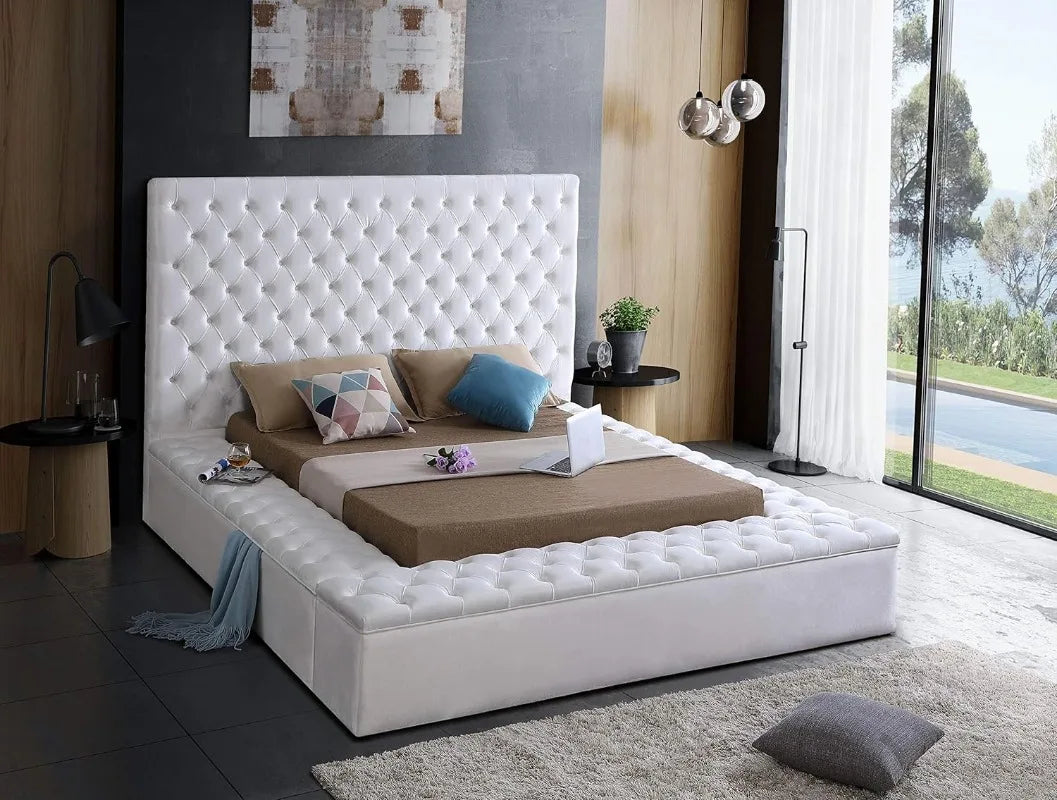 Bliss Collection Modernes Polsterbett aus Samt mit tiefer Knopfheftung und Staufächern, Weiß, Queen